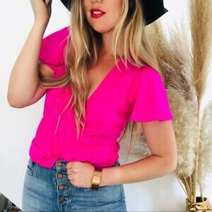 AMANDA UPRICHARD Revolve Neon Hot Pink VNeck Draped Faux Wrap Silk Blouse Top S